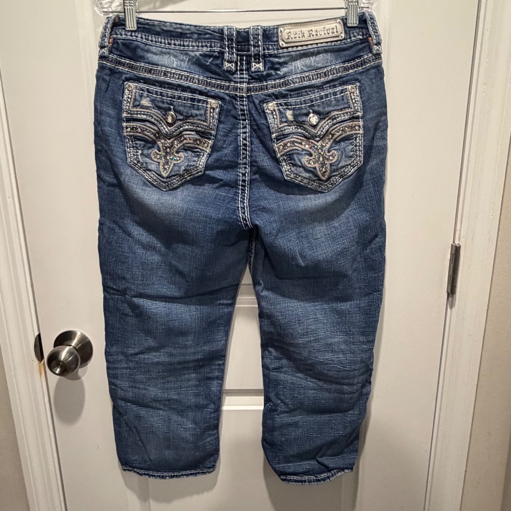 Rock Revival Womens Vien Capri Jeans Embellished Fleur De Lis Blue Size 32 - Picture 14 of 16